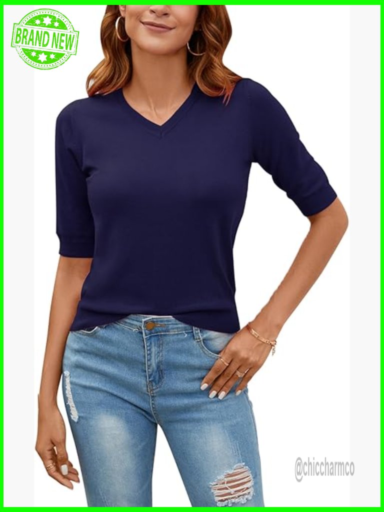 Women V Neck Short Sleeve Pullover Knit Sweater Tops